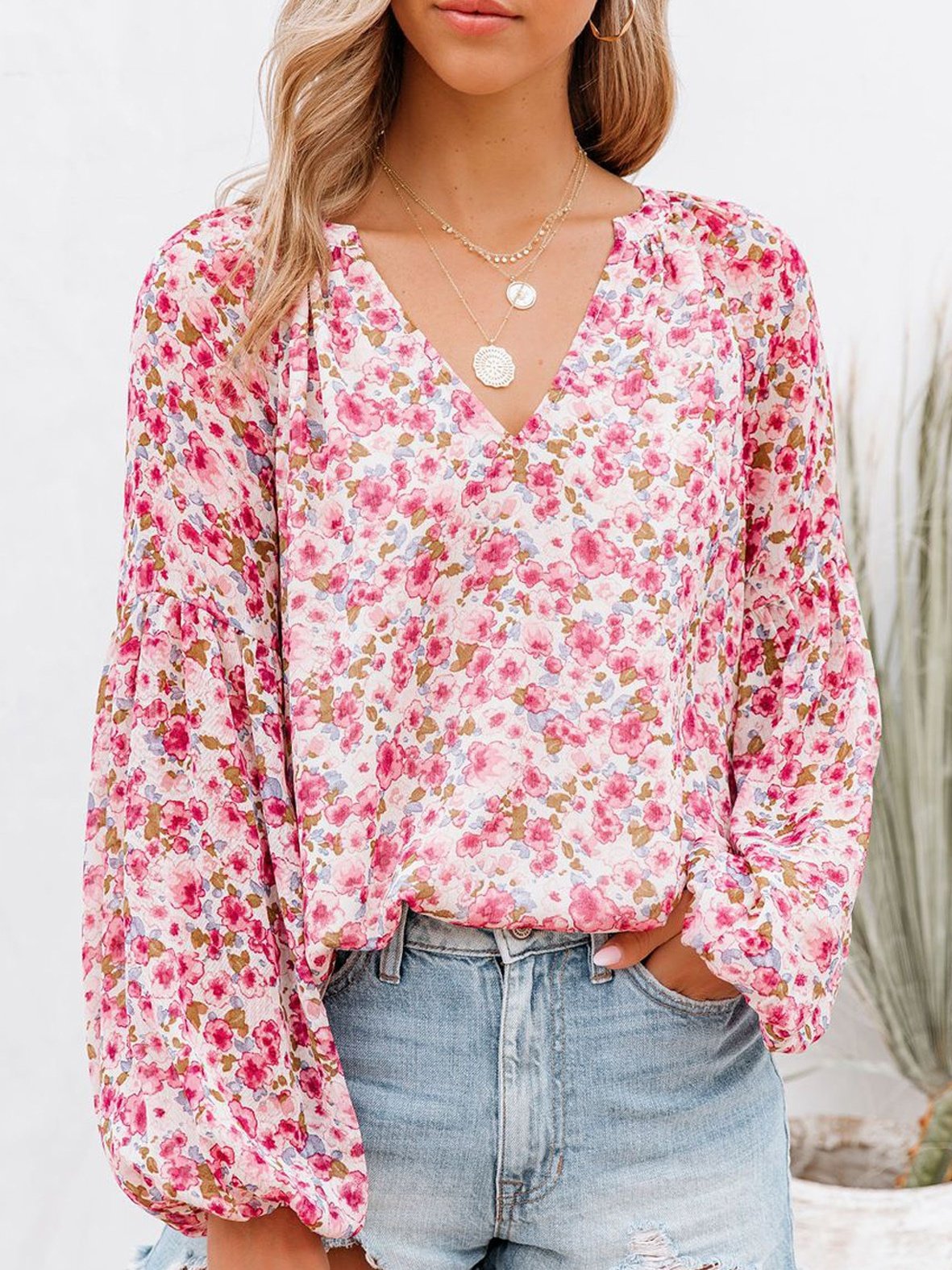 Chemises Femmes Féminin Floral Printemps / Automne Polyester Col V Joint Fendu Manche Ballon Droit Régulier