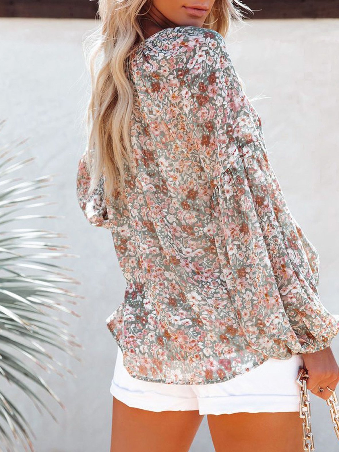 Chemises Femmes Féminin Floral Printemps / Automne Polyester Col V Joint Fendu Manche Ballon Droit Régulier