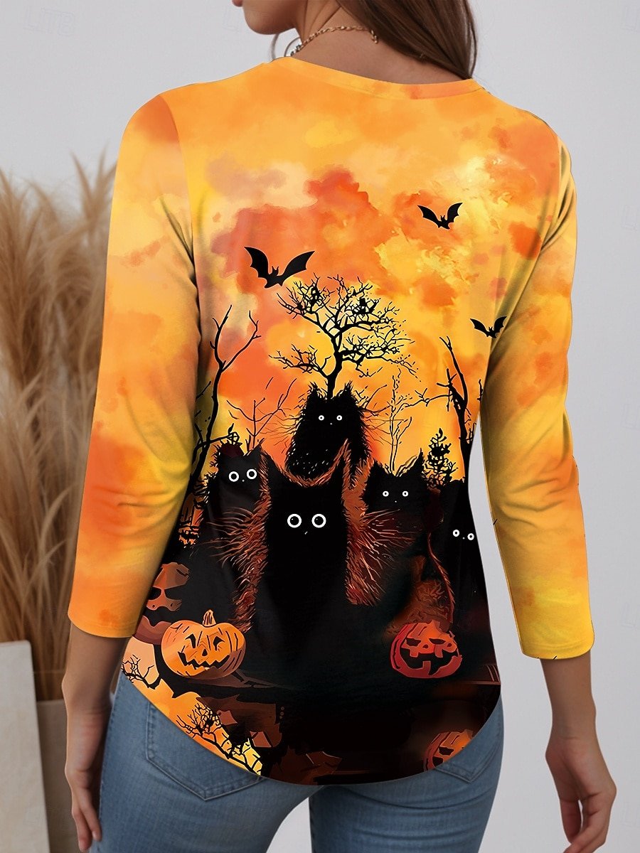 T-shirts Simple Printemps / Automne Toussaint Aucune élasticité Manches Longues Col Rond Régulier Droit Régulier pour Femmes