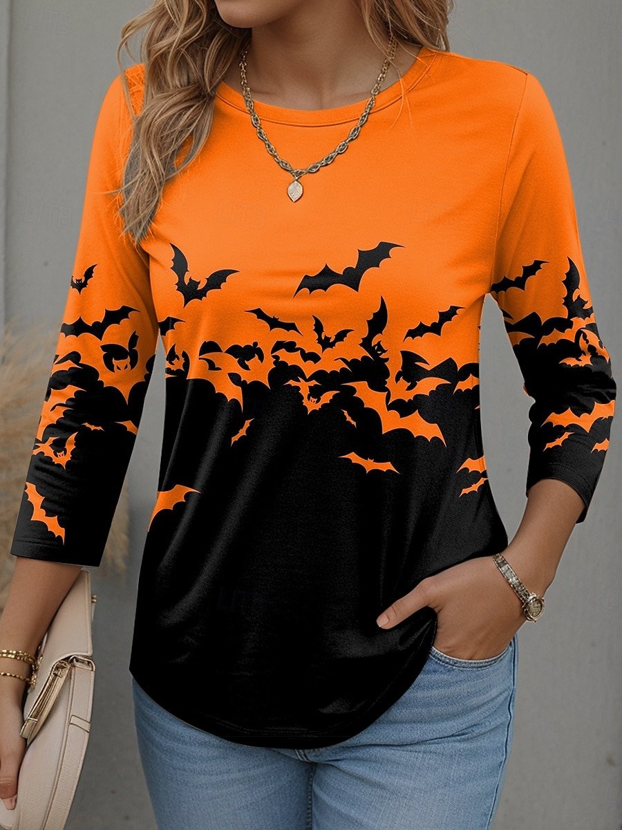 T-shirts Simple Printemps / Automne Toussaint Aucune élasticité Manches Longues Col Rond Régulier Droit Régulier pour Femmes