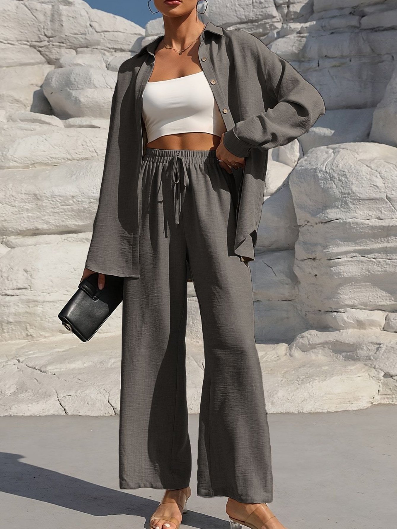 Deux Pièces Ensembles Femmes Urbain Plain Printemps / Automne Joint Fendu Micro-élasticité Manches Longues Top Avec Pantalons Droit Régulier