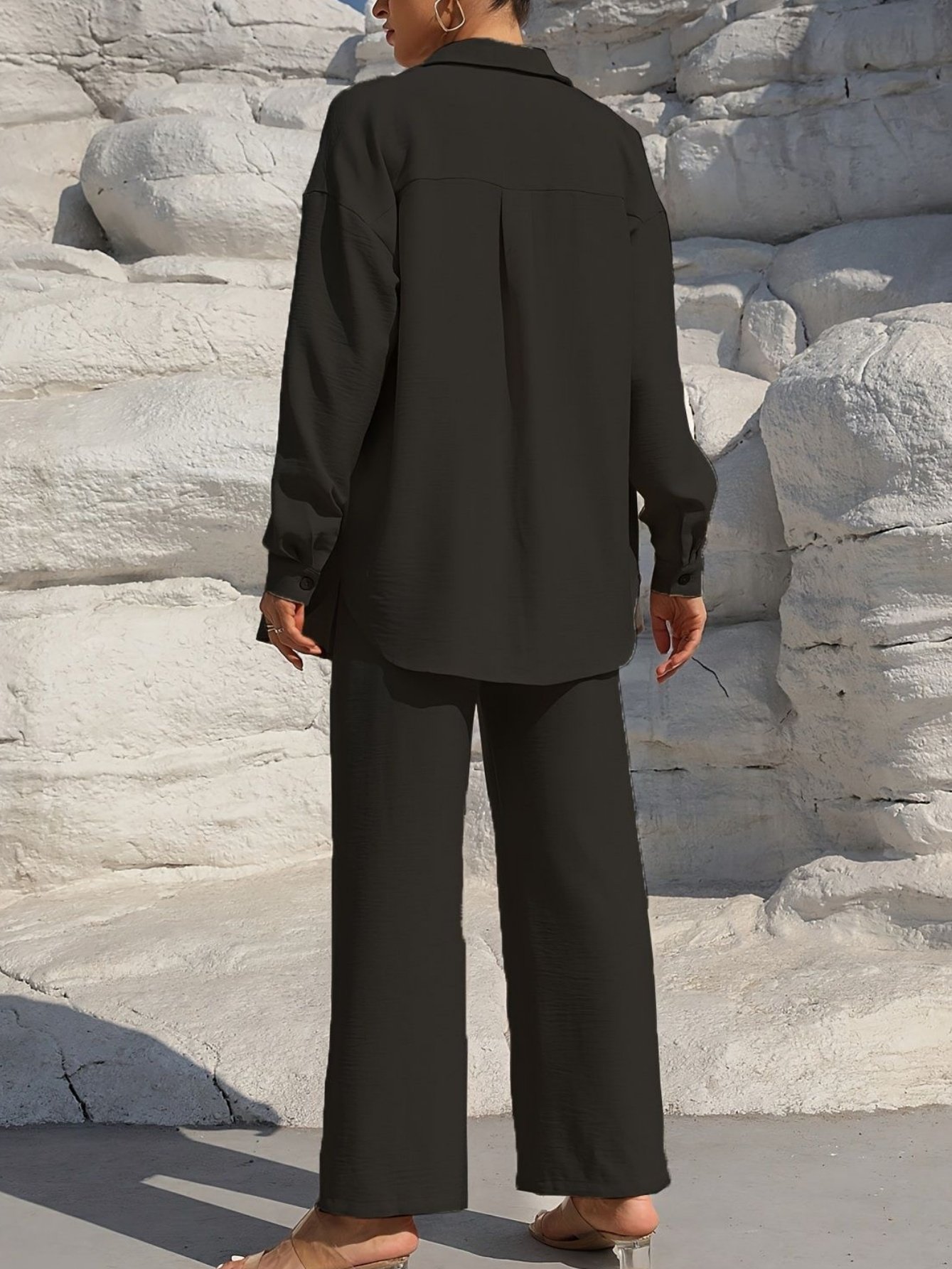Deux Pièces Ensembles Femmes Urbain Plain Printemps / Automne Joint Fendu Micro-élasticité Manches Longues Top Avec Pantalons Droit Régulier