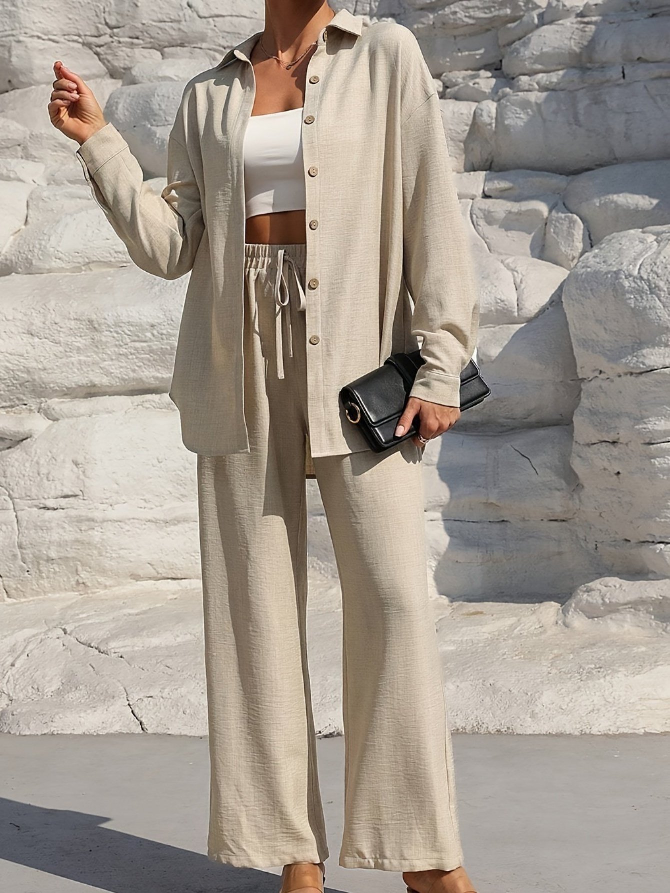 Deux Pièces Ensembles Femmes Urbain Plain Printemps / Automne Joint Fendu Micro-élasticité Manches Longues Top Avec Pantalons Droit Régulier