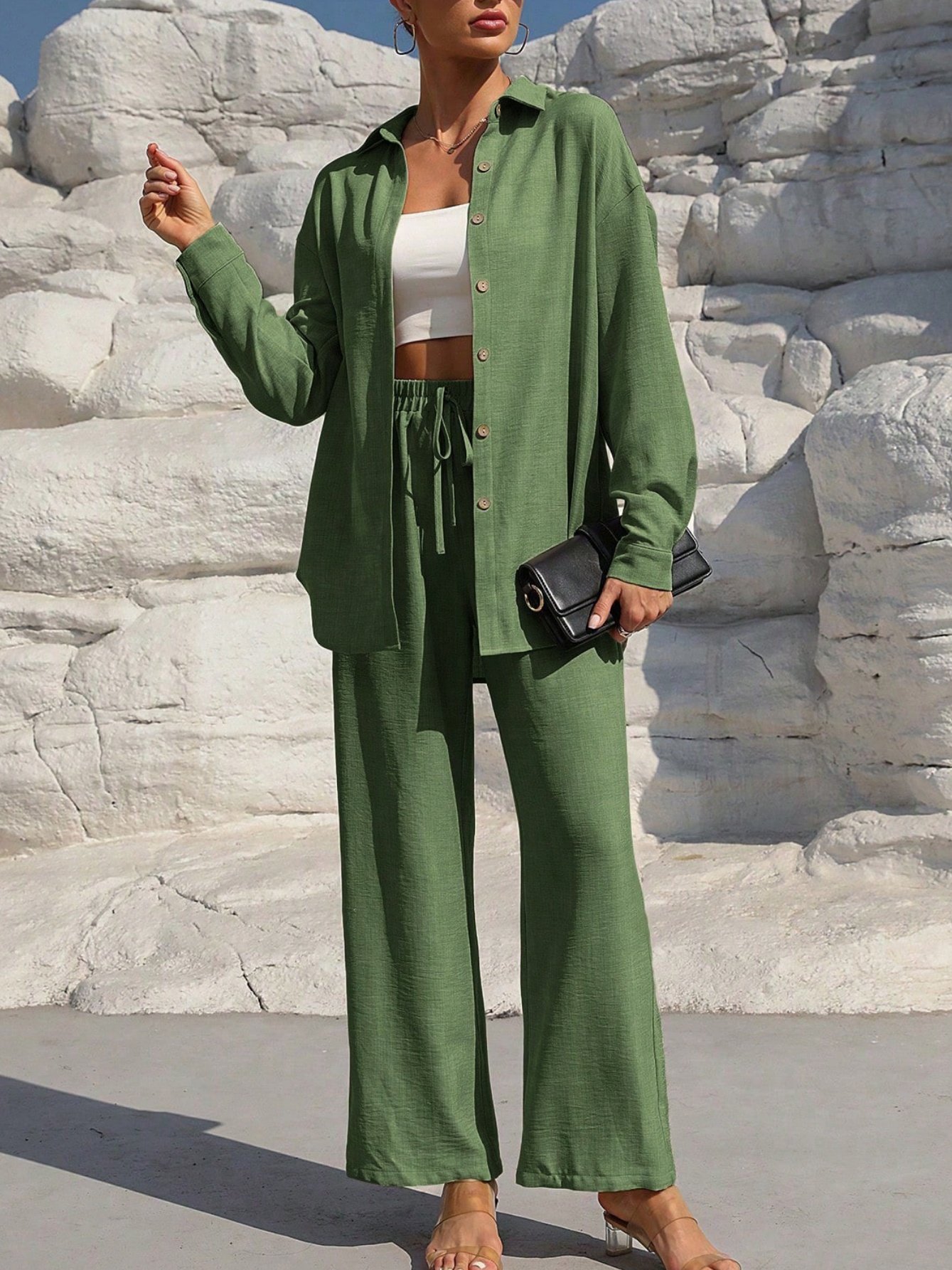 Deux Pièces Ensembles Femmes Urbain Plain Printemps / Automne Joint Fendu Micro-élasticité Manches Longues Top Avec Pantalons Droit Régulier