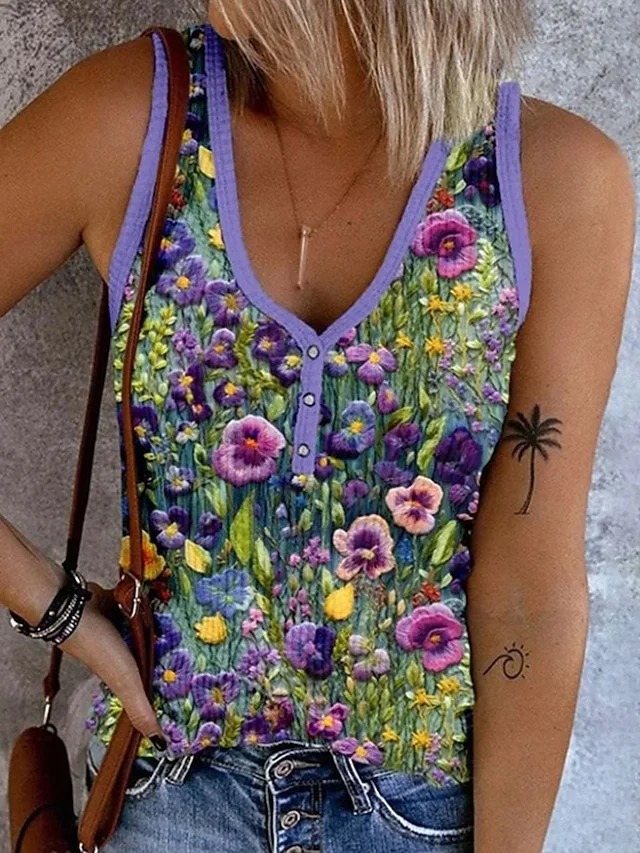 Top Débardeur Tops Décontracté Floral Été Col V Quotidien Sans Manches Régulier Trapèze Régulier pour Femmes