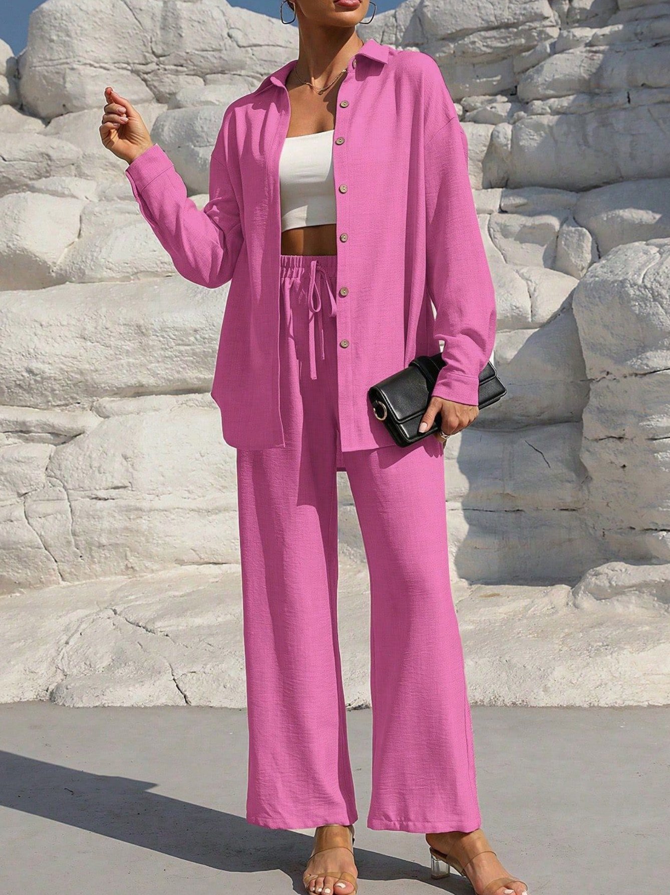 Deux Pièces Ensembles Femmes Urbain Plain Printemps / Automne Joint Fendu Micro-élasticité Manches Longues Top Avec Pantalons Droit Régulier