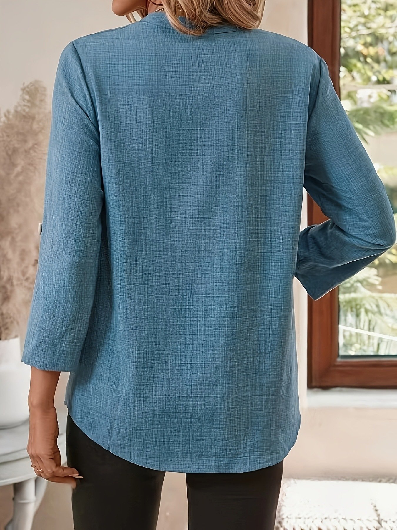 Chemises Femmes Décontracté Plain Printemps / Automne Polyester Col V Joint Fendu Micro-élasticité Ample Manches trois quarts
