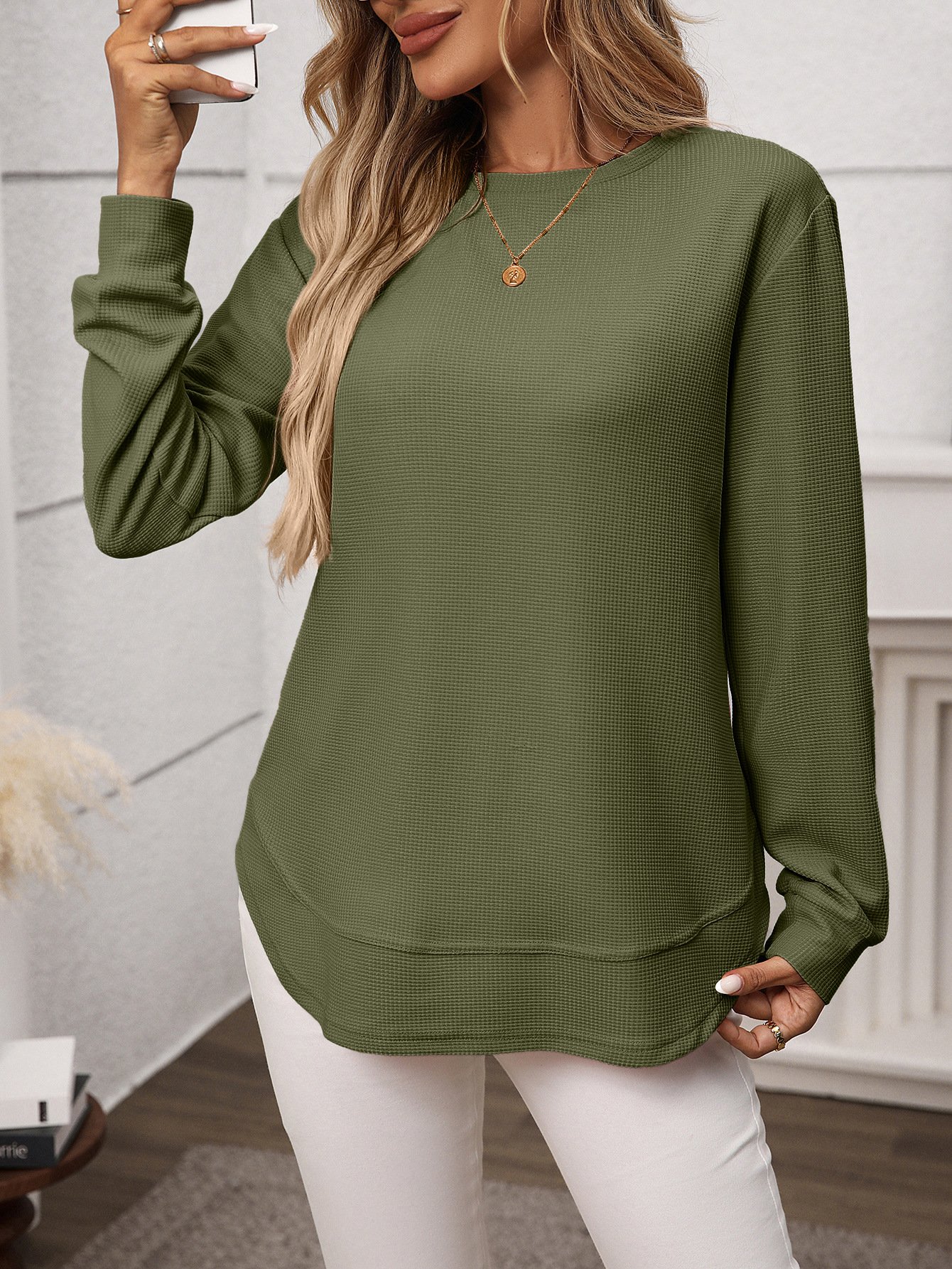 T-shirts Décontracté Plain Printemps / Automne Coton Micro-élasticité Coupe Régulière Manches Longues Régulier Régulier pour Femmes