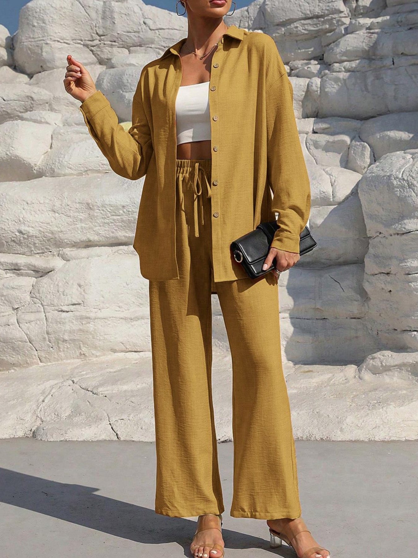 Deux Pièces Ensembles Femmes Urbain Plain Printemps / Automne Joint Fendu Micro-élasticité Manches Longues Top Avec Pantalons Droit Régulier