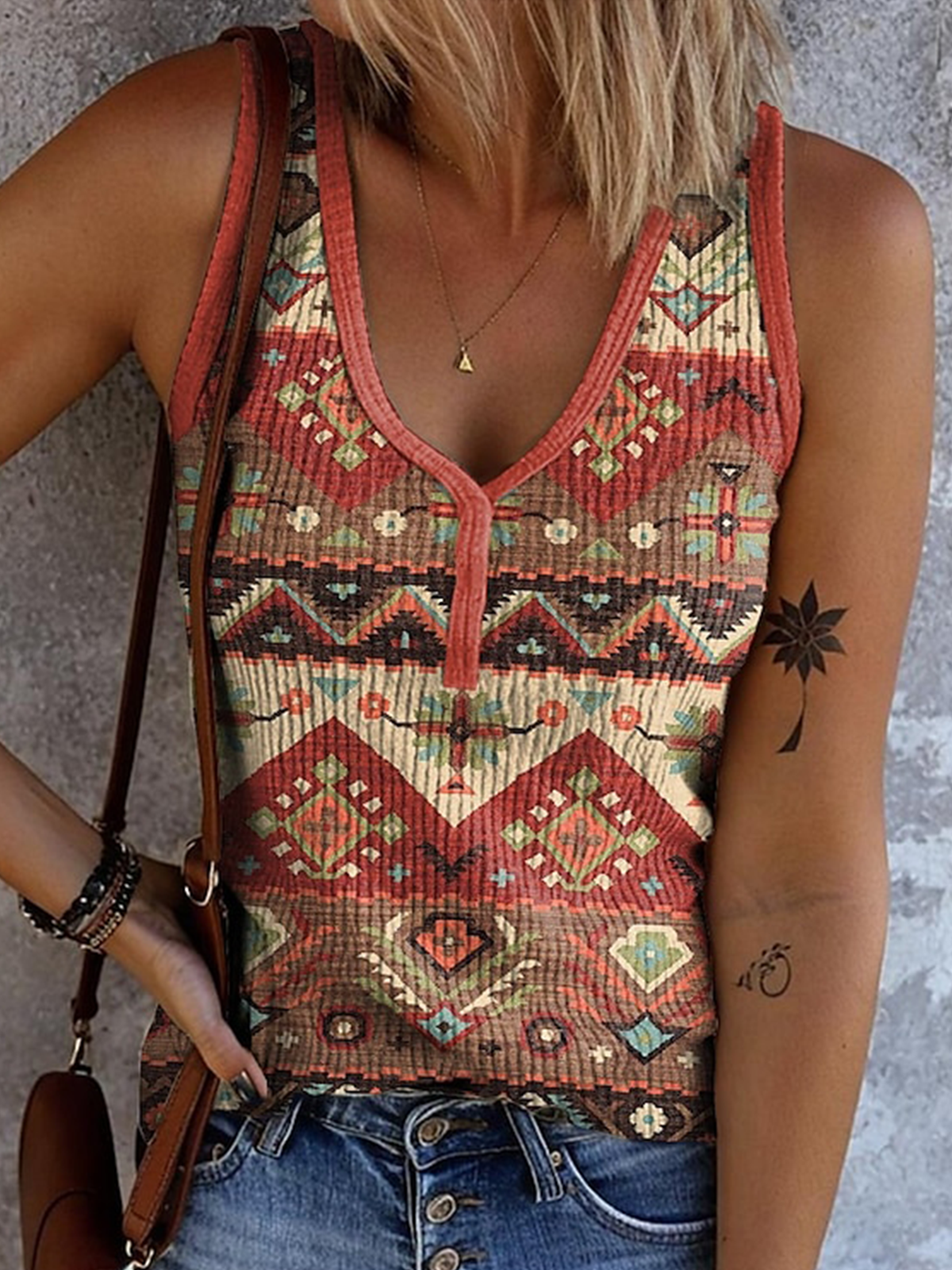 Top Débardeur Tops Ethnique Géométrie Décontracté Été Polyester Col V Micro-élasticité Quotidien Régulier Trapèze pour Femmes