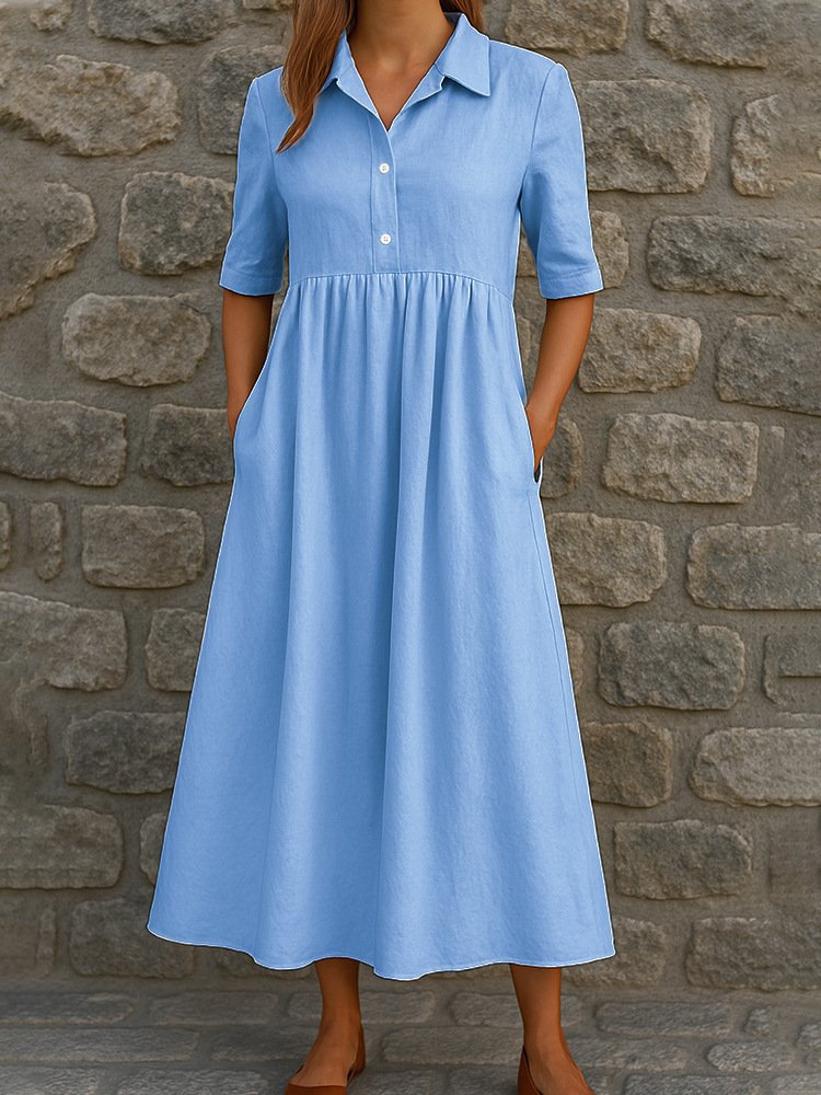 Femmes Plain Blanc Col de Chemise Confortable Robe Maxi Décontracté