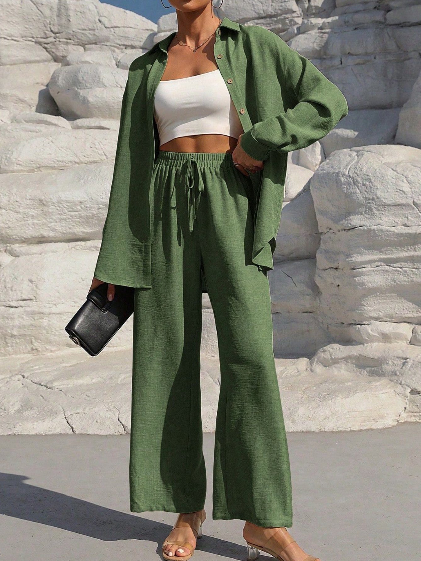 Deux Pièces Ensembles Femmes Urbain Plain Printemps / Automne Joint Fendu Micro-élasticité Manches Longues Top Avec Pantalons Droit Régulier