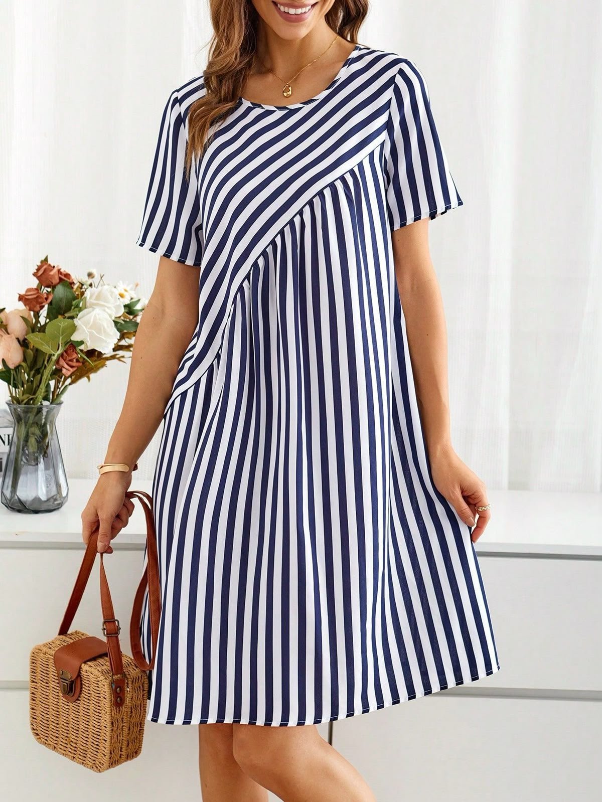 Femmes Rayé Bleu Col Rond Confortable Robe Mi-Longue Décontracté