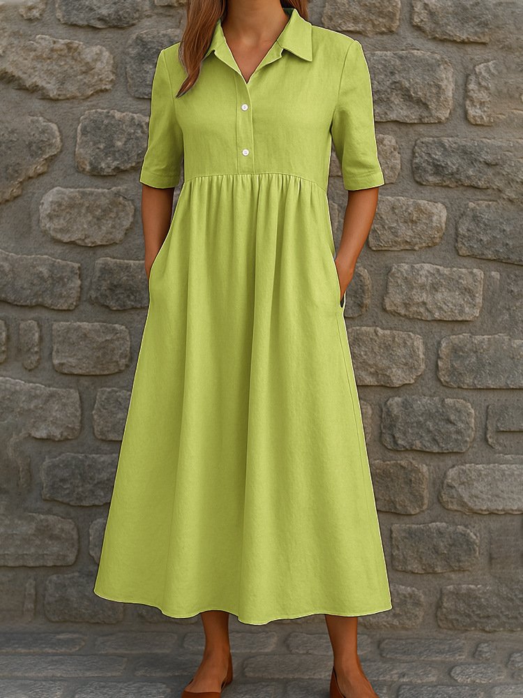 Femmes Plain Blanc Col de Chemise Confortable Robe Maxi Décontracté