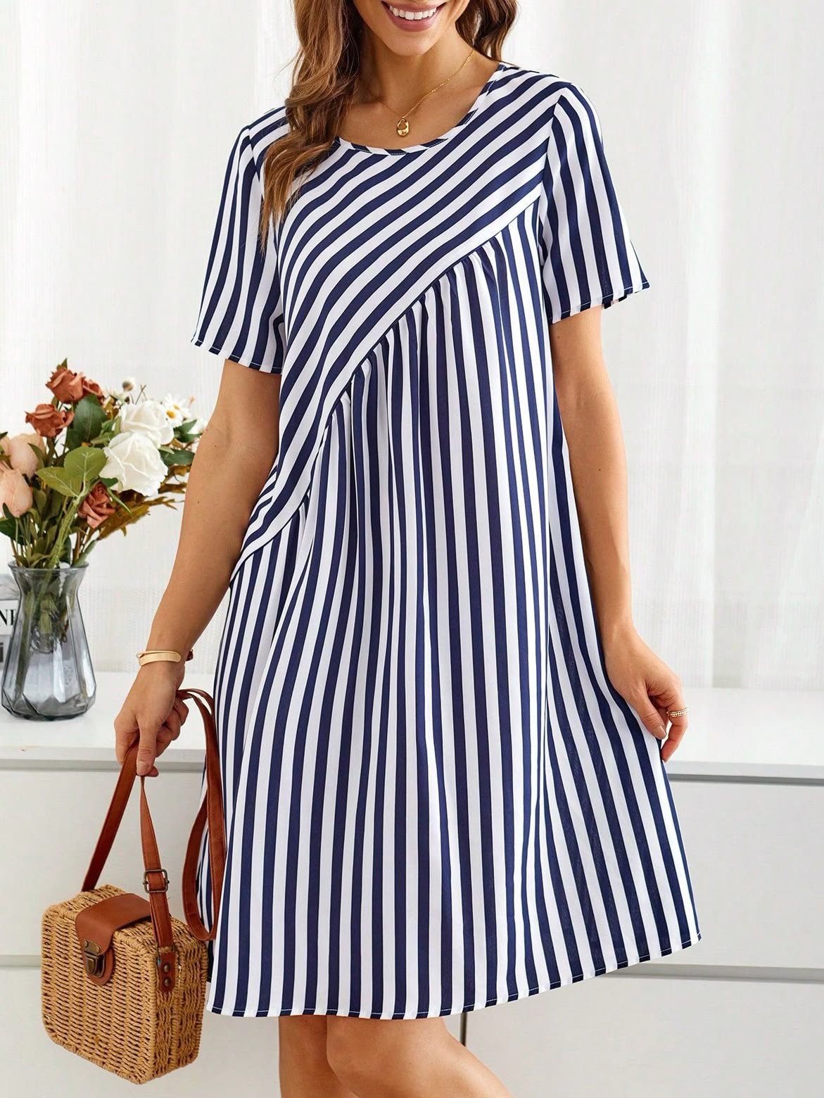 Femmes Rayé Bleu Col Rond Confortable Robe Mi-Longue Décontracté