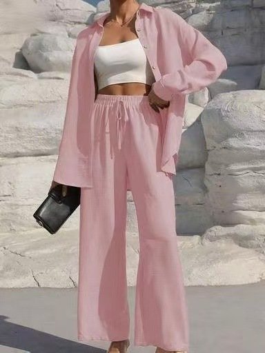 Deux Pièces Ensembles Femmes Urbain Plain Printemps / Automne Joint Fendu Micro-élasticité Manches Longues Top Avec Pantalons Droit Régulier