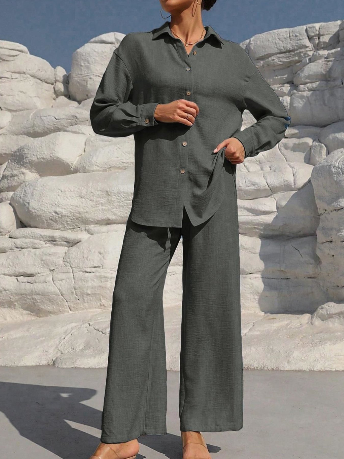 Deux Pièces Ensembles Femmes Urbain Plain Printemps / Automne Joint Fendu Micro-élasticité Manches Longues Top Avec Pantalons Droit Régulier