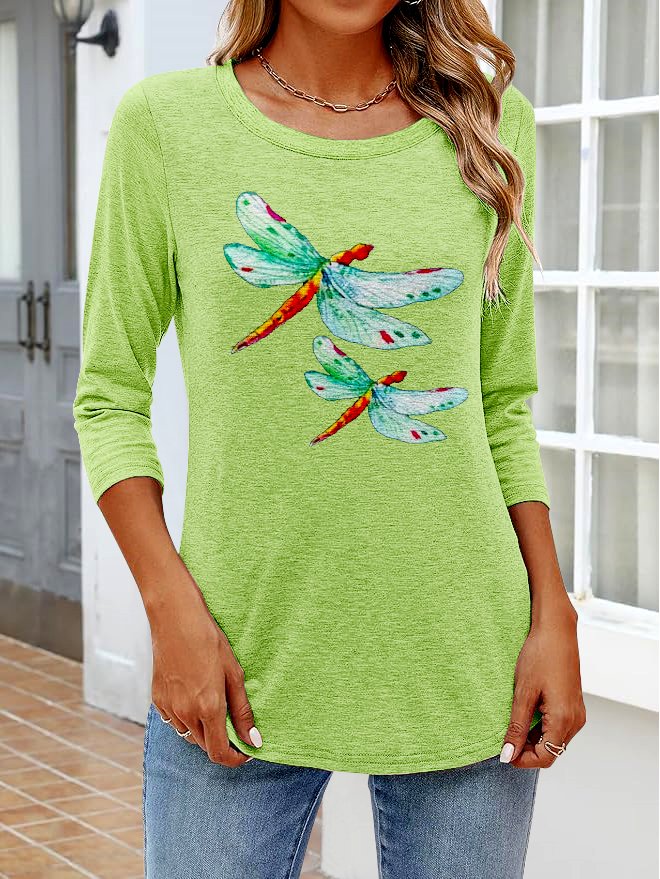 T-shirts Femmes Rétro Printemps / Automne Plaid Coton Micro-élasticité Coupe Régulière Col Rond Régulier Régulier