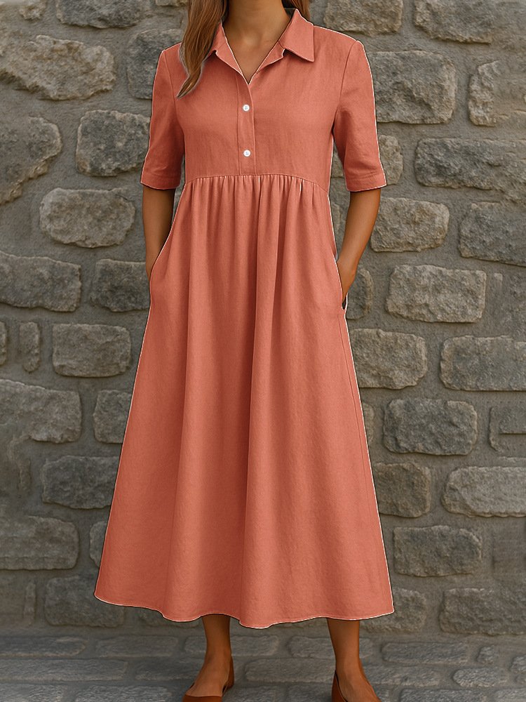 Femmes Plain Blanc Col de Chemise Confortable Robe Maxi Décontracté