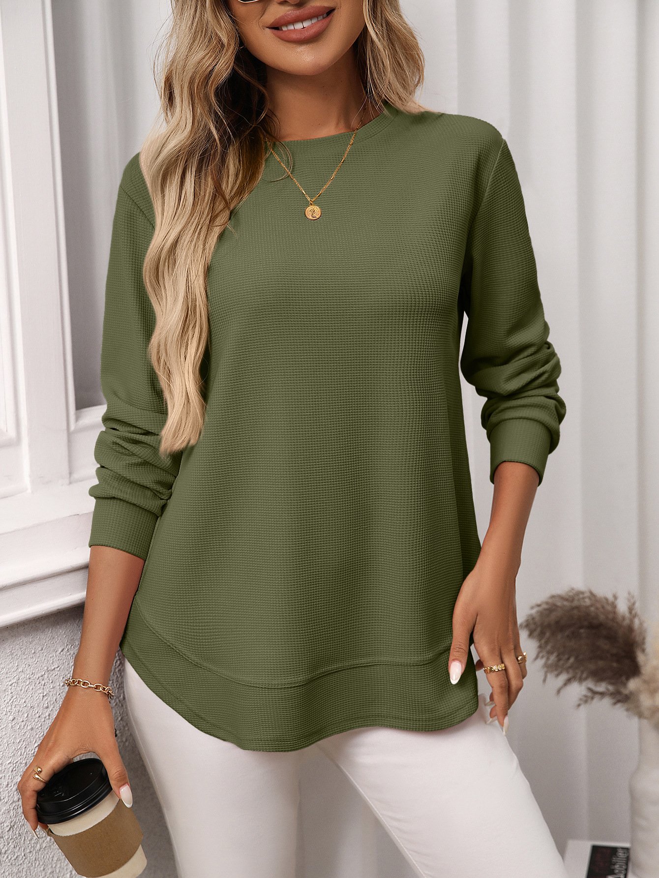 T-shirts Décontracté Plain Printemps / Automne Coton Micro-élasticité Coupe Régulière Manches Longues Régulier Régulier pour Femmes