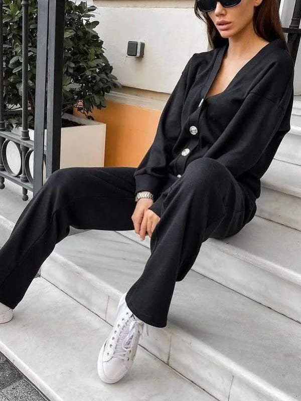 Deux Pièces Ensembles Femmes Simple Plain Printemps / Automne Boucle Naturel Ample Manches Longues Col Rond Top Avec Pantalons