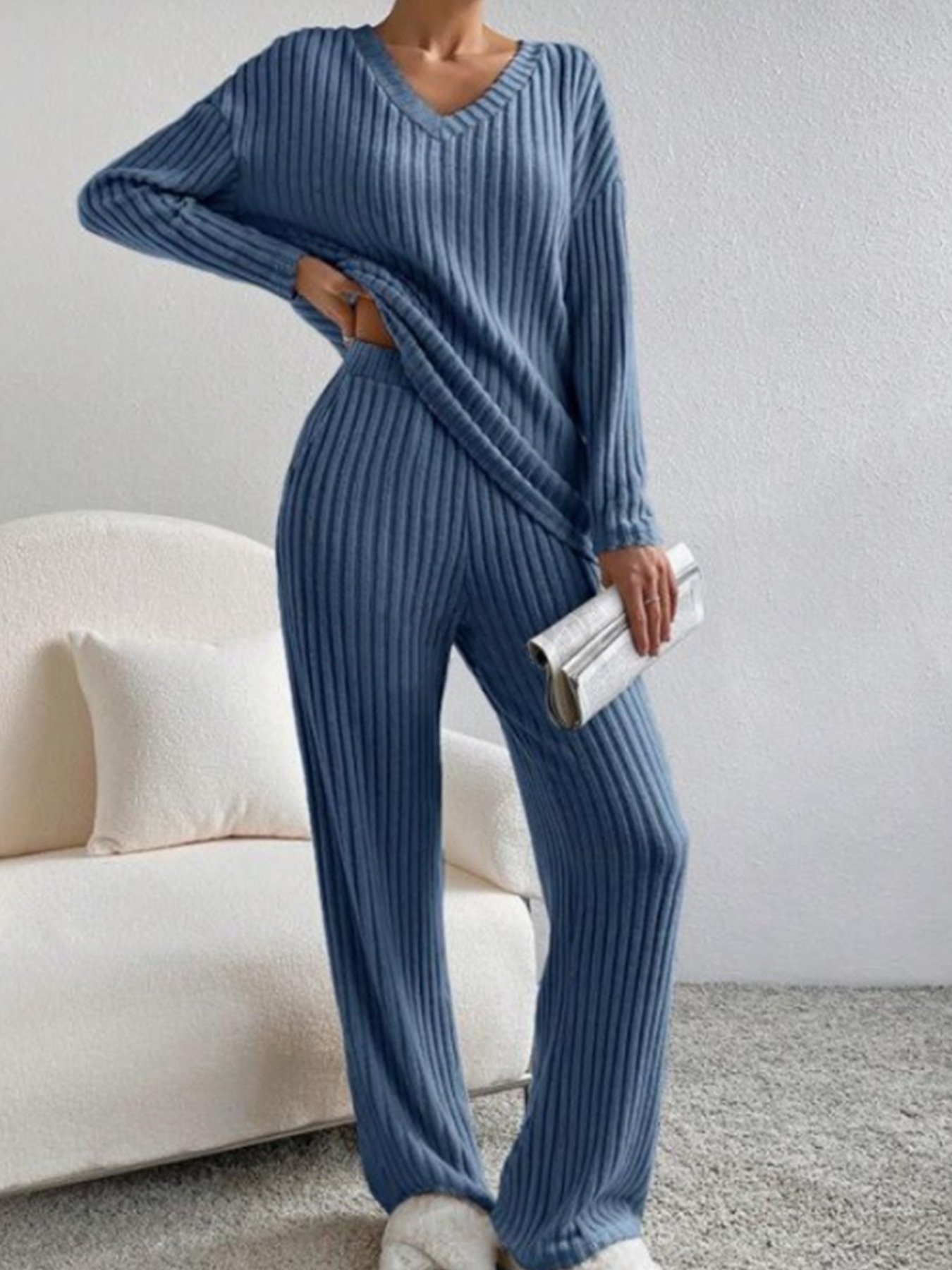 Deux Pièces Ensembles Femmes Sportif Plain Printemps / Automne Col V Naturel Coupe Régulière Manches Longues Droit Régulier