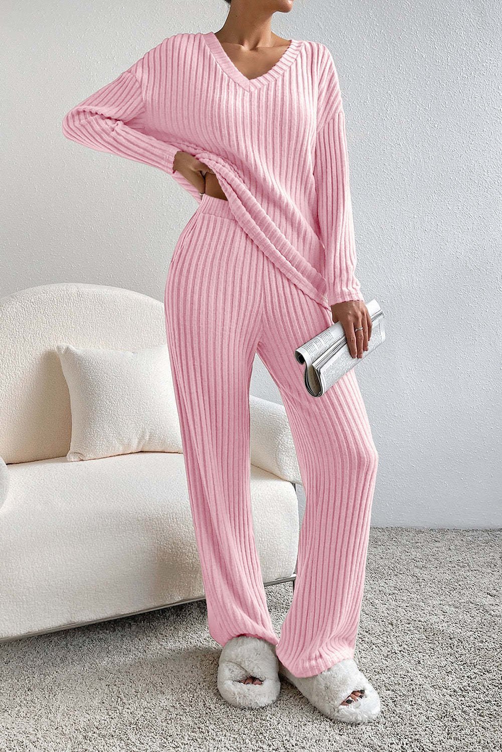 Deux Pièces Ensembles Femmes Sportif Plain Printemps / Automne Col V Naturel Coupe Régulière Manches Longues Droit Régulier