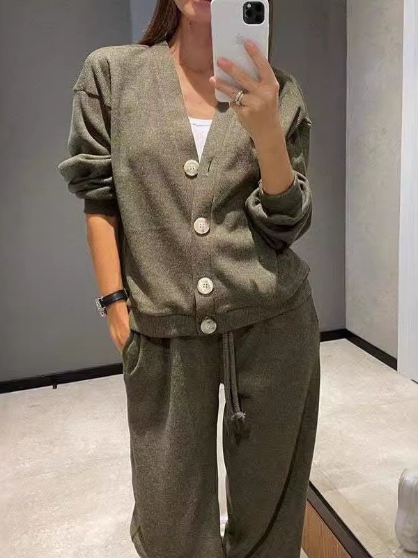 Deux Pièces Ensembles Femmes Simple Plain Printemps / Automne Boucle Naturel Ample Manches Longues Col Rond Top Avec Pantalons