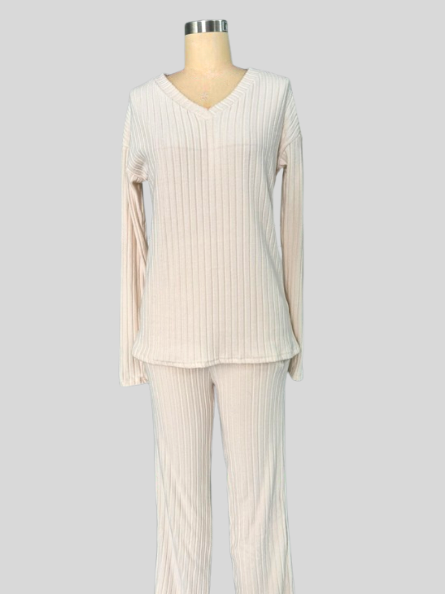 Deux Pièces Ensembles Femmes Sportif Plain Printemps / Automne Col V Naturel Coupe Régulière Manches Longues Droit Régulier