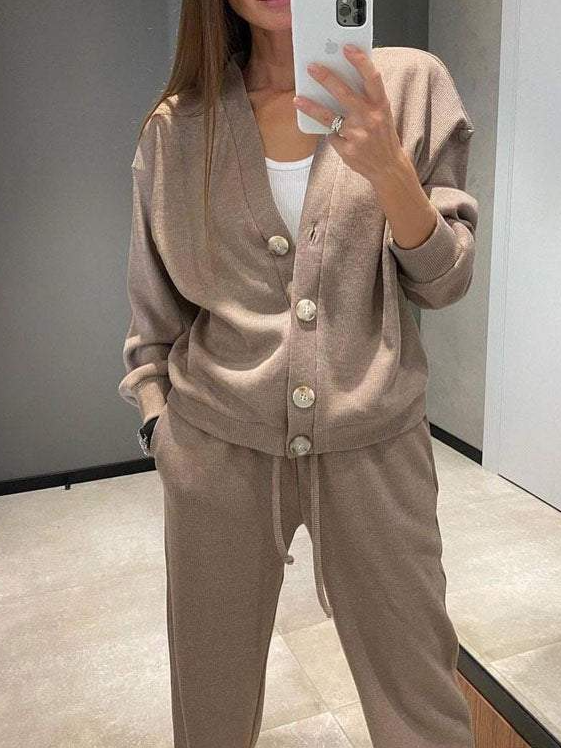 Deux Pièces Ensembles Femmes Simple Plain Printemps / Automne Boucle Naturel Ample Manches Longues Col Rond Top Avec Pantalons