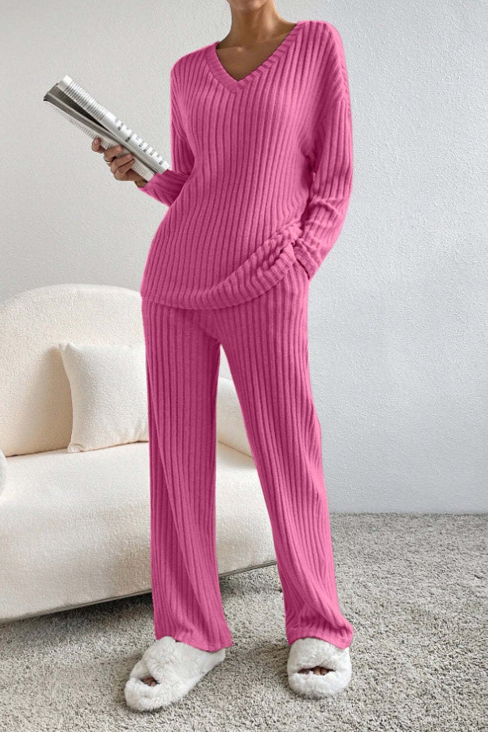 Deux Pièces Ensembles Femmes Sportif Plain Printemps / Automne Col V Naturel Coupe Régulière Manches Longues Droit Régulier