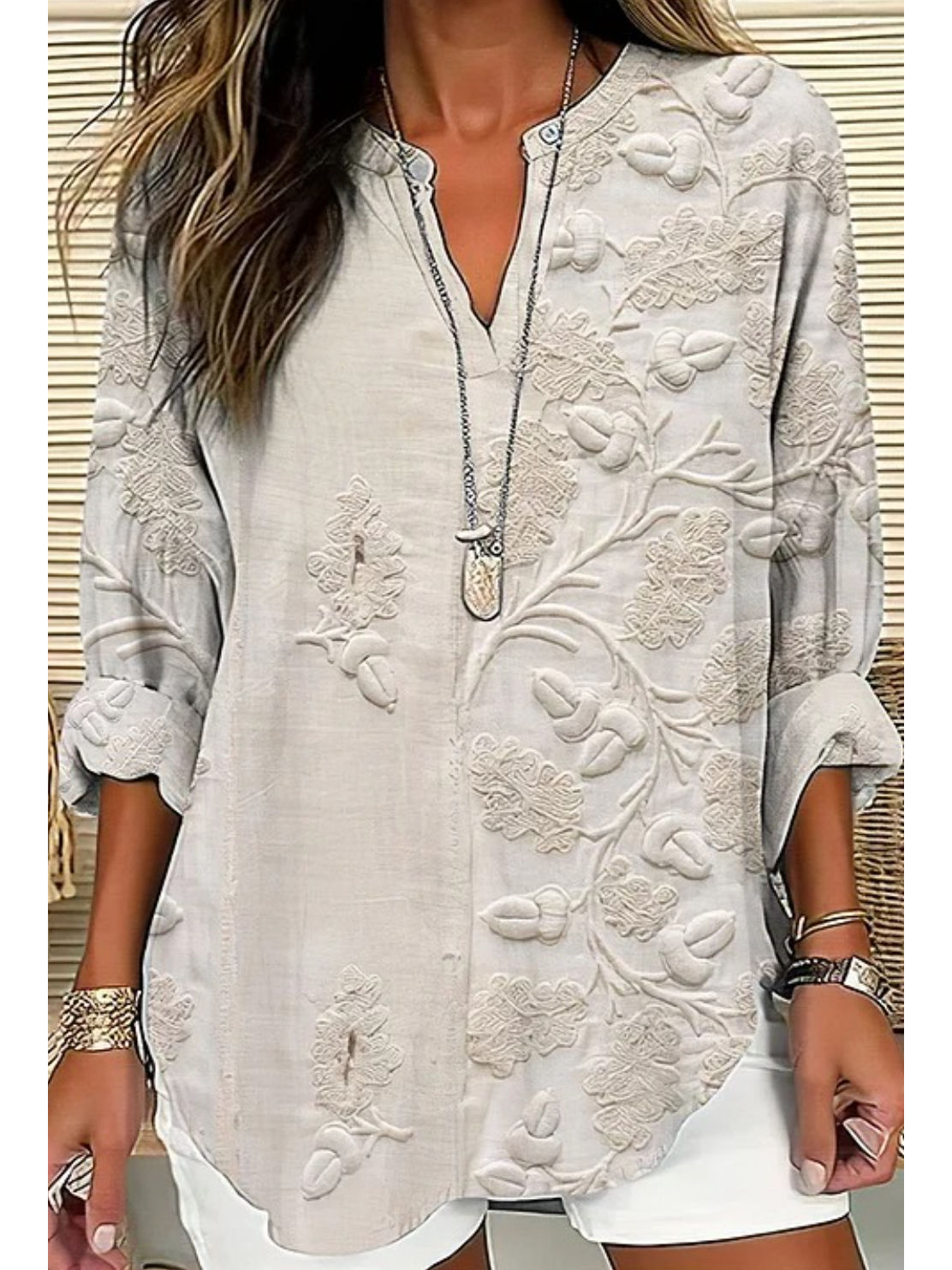 Blouses Décontracté Floral Printemps / Automne Col V Quotidien Manches Longues en Mélangé de Coton Trapèze Régulier pour Femmes