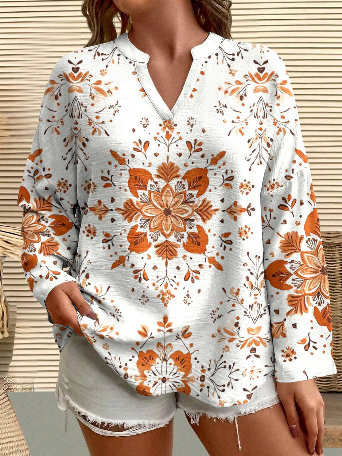 T-shirts Femmes Décontracté Floral Printemps / Automne Coton Col V Micro-élasticité Quotidien Régulier Trapèze