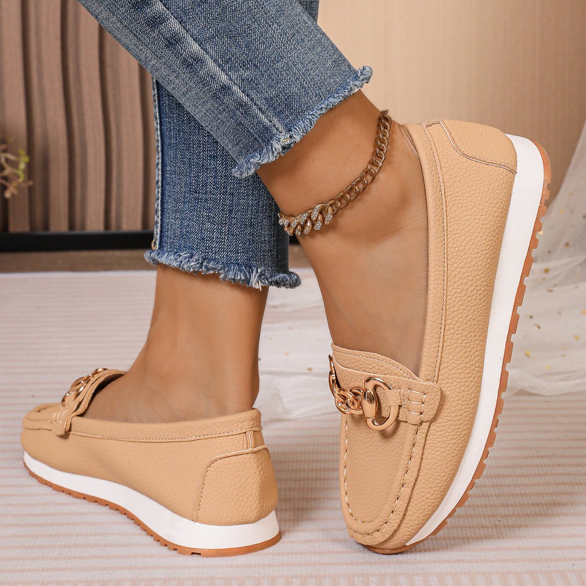 Chaussures Décontractées Femmes Rétro Plain Toutes Les Saisons Quotidien à Enfiler Bout Fermé PU Caoutchouc à Enfiler