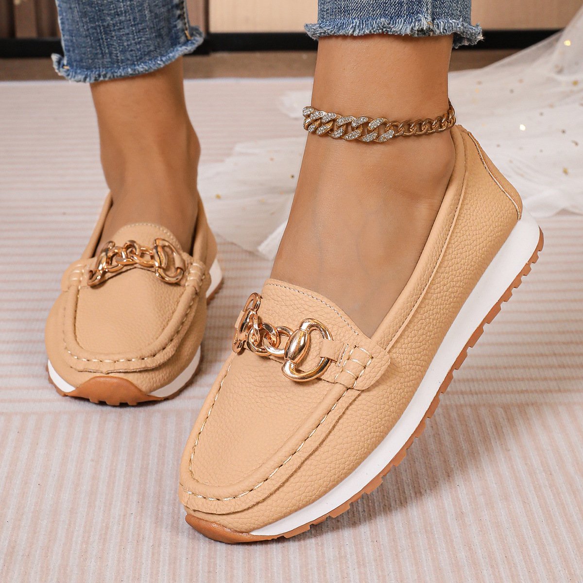 Chaussures Décontractées Femmes Rétro Plain Toutes Les Saisons Quotidien à Enfiler Bout Fermé PU Caoutchouc à Enfiler