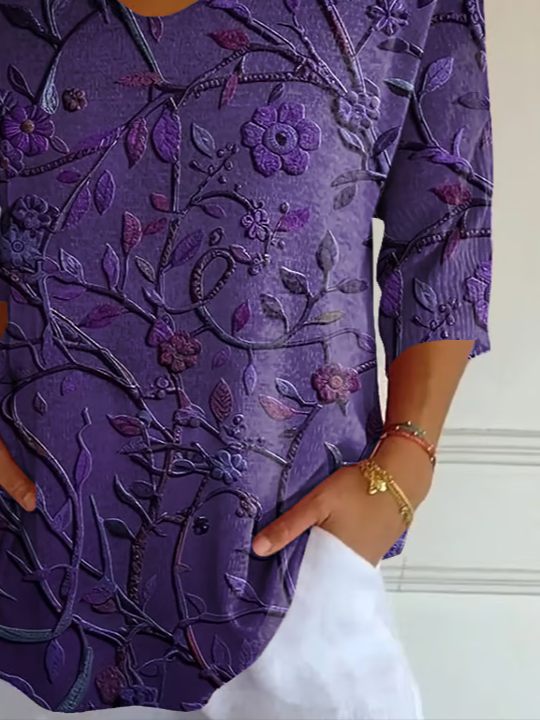 T-shirts Décontracté Floral Printemps / Automne Polyester Col V Quotidien Ample Manches trois quarts Régulier pour Femmes