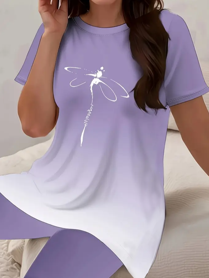 Deux Pièces Ensembles Femmes Simple Été Libellule Polyester Naturel Micro-élasticité Quotidien Coupe Régulière Top Avec Pantalons