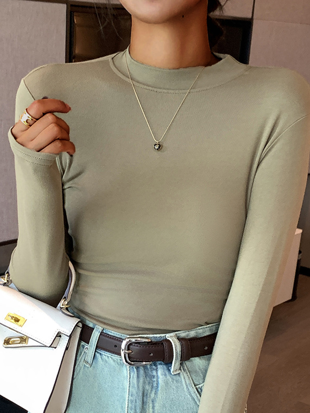 T-shirts Femmes Plain Printemps / Automne Simple Léger Respirable Régulier Droit Élasticité moyenne Faux Col