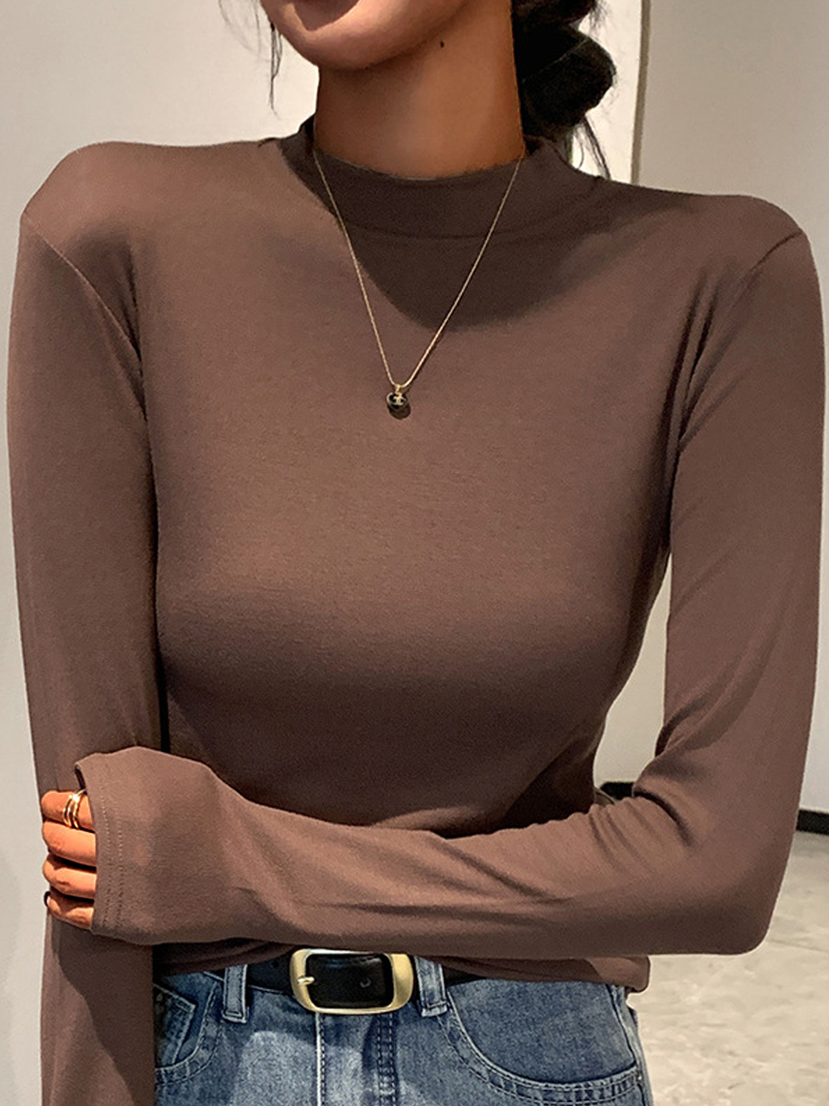 T-shirts Femmes Plain Printemps / Automne Simple Léger Respirable Régulier Droit Élasticité moyenne Faux Col