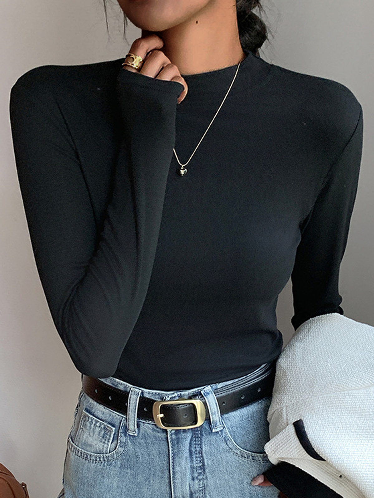 T-shirts Femmes Plain Printemps / Automne Simple Léger Respirable Régulier Droit Élasticité moyenne Faux Col