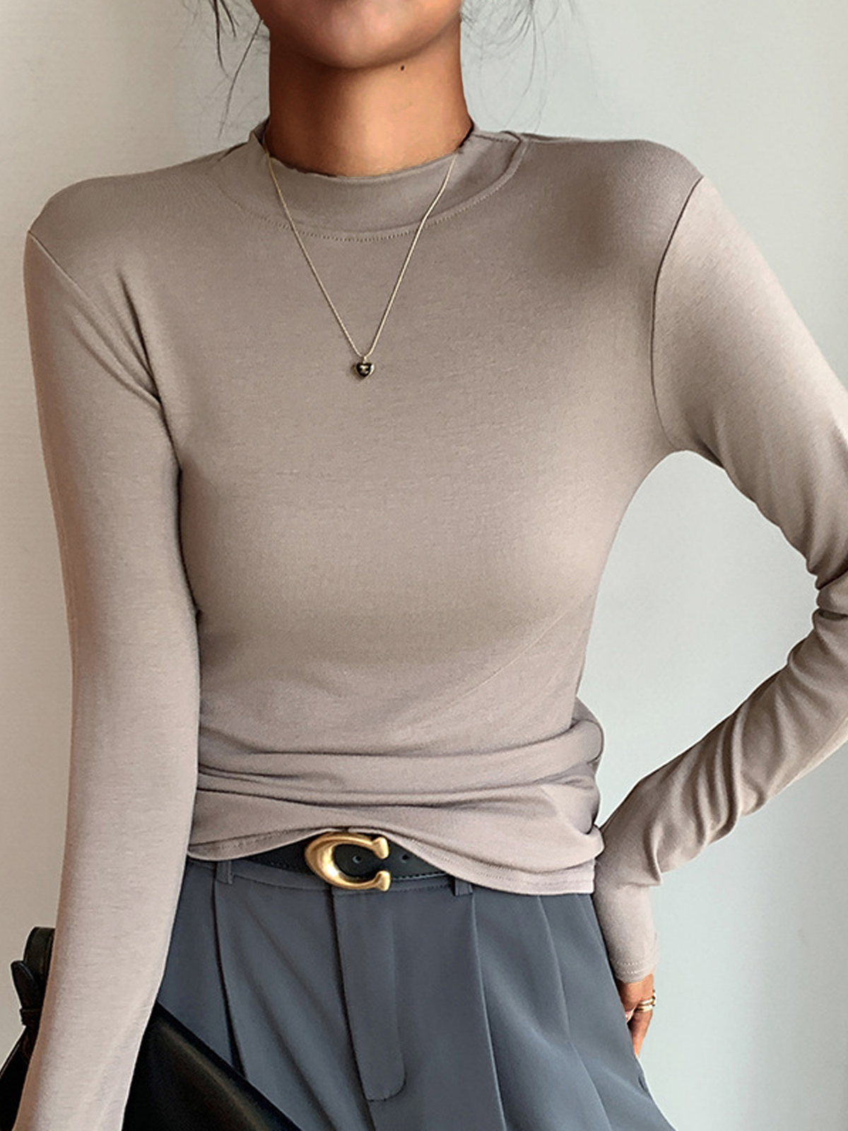 T-shirts Femmes Plain Printemps / Automne Simple Léger Respirable Régulier Droit Élasticité moyenne Faux Col