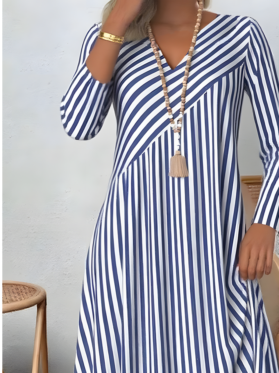 Femmes Rayé Bleu Col V Confortable Imprimé Robe Mi-Longue Rétro