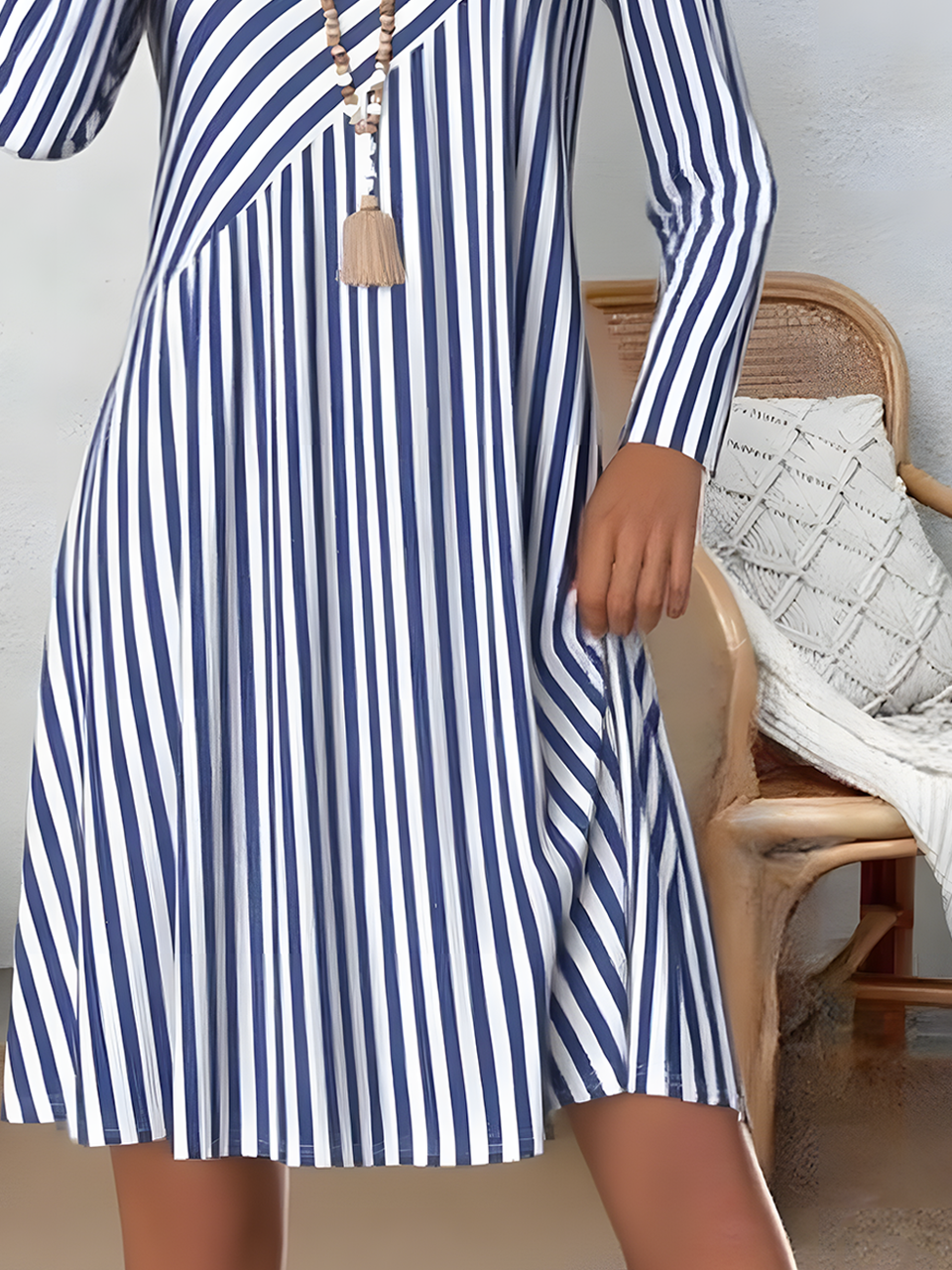 Femmes Rayé Bleu Col V Confortable Imprimé Robe Mi-Longue Rétro