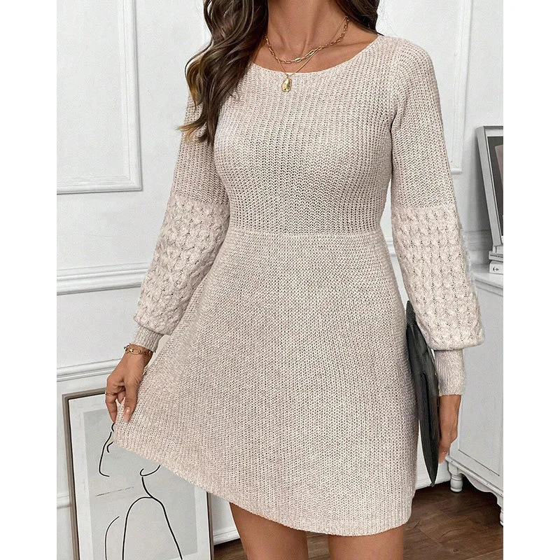Femmes Plain Beige Col Rond Confortable Robe Mi-Longue Décontracté
