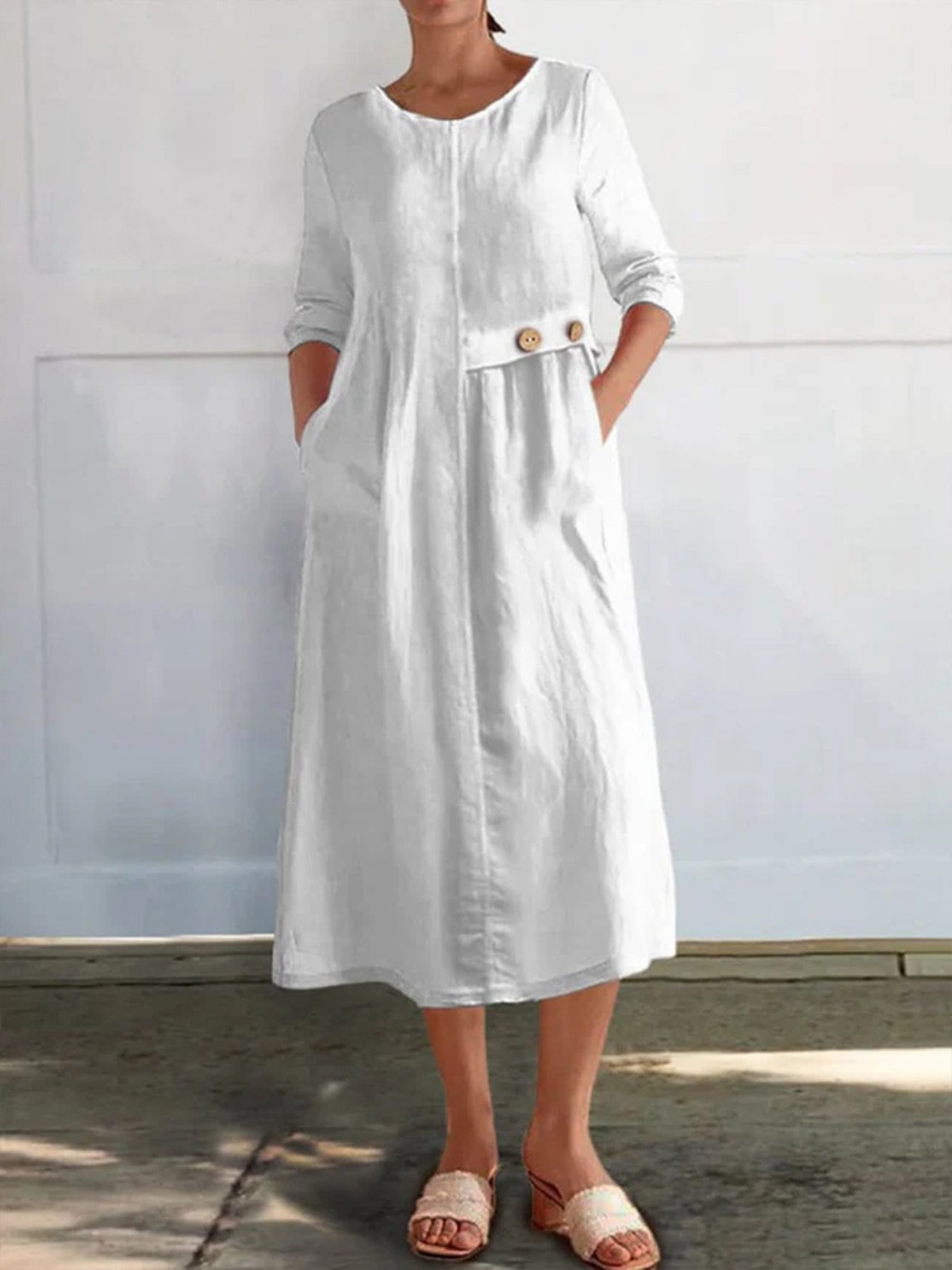 Femmes Plain Blanc Col Rond Confortable Boutonné Robe Mi-Longue Décontracté
