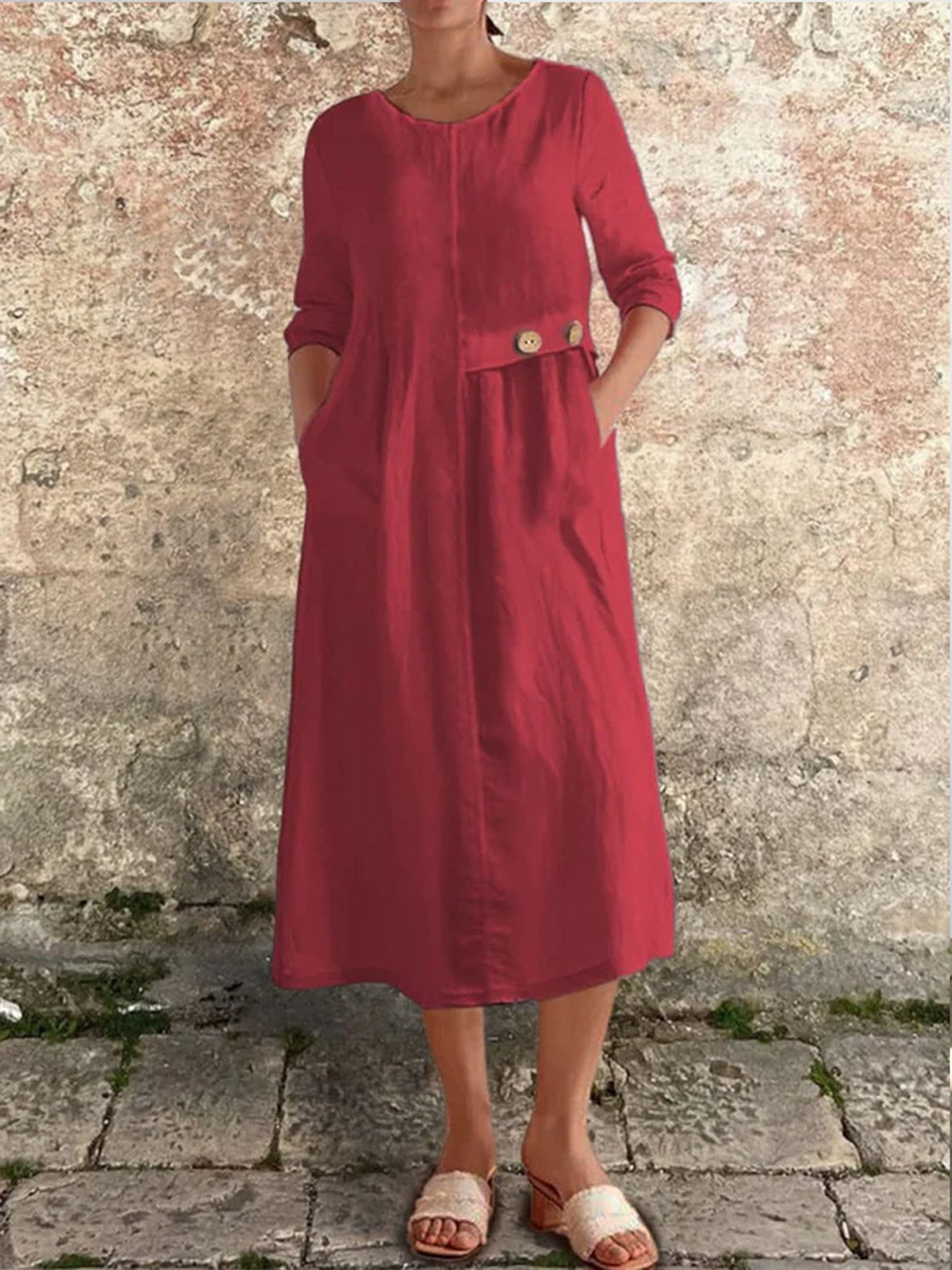 Femmes Plain Blanc Col Rond Confortable Boutonné Robe Mi-Longue Décontracté