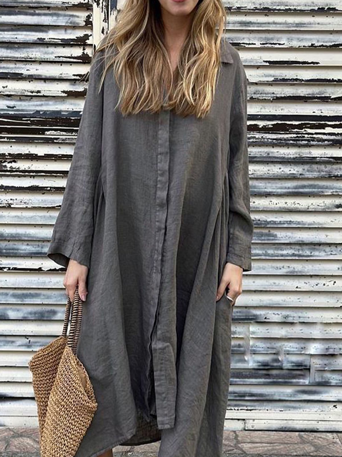 Femmes Plain Vert Foncé Col de Chemise Confortable Robe Mi-Longue Décontracté