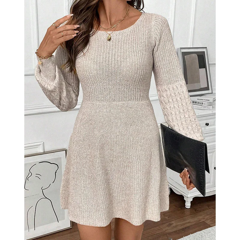 Femmes Plain Beige Col Rond Confortable Robe Mi-Longue Décontracté