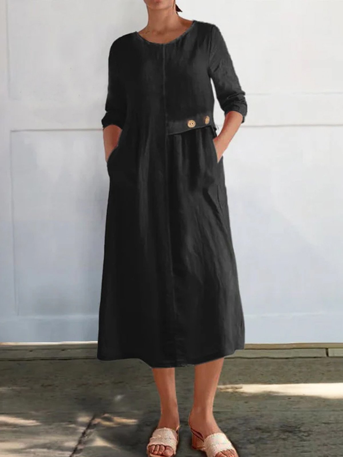 Femmes Plain Blanc Col Rond Confortable Boutonné Robe Mi-Longue Décontracté