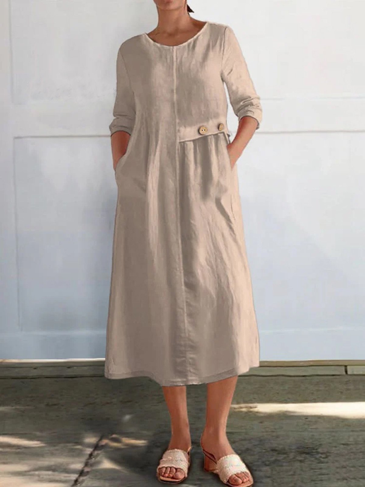 Femmes Plain Blanc Col Rond Confortable Boutonné Robe Mi-Longue Décontracté